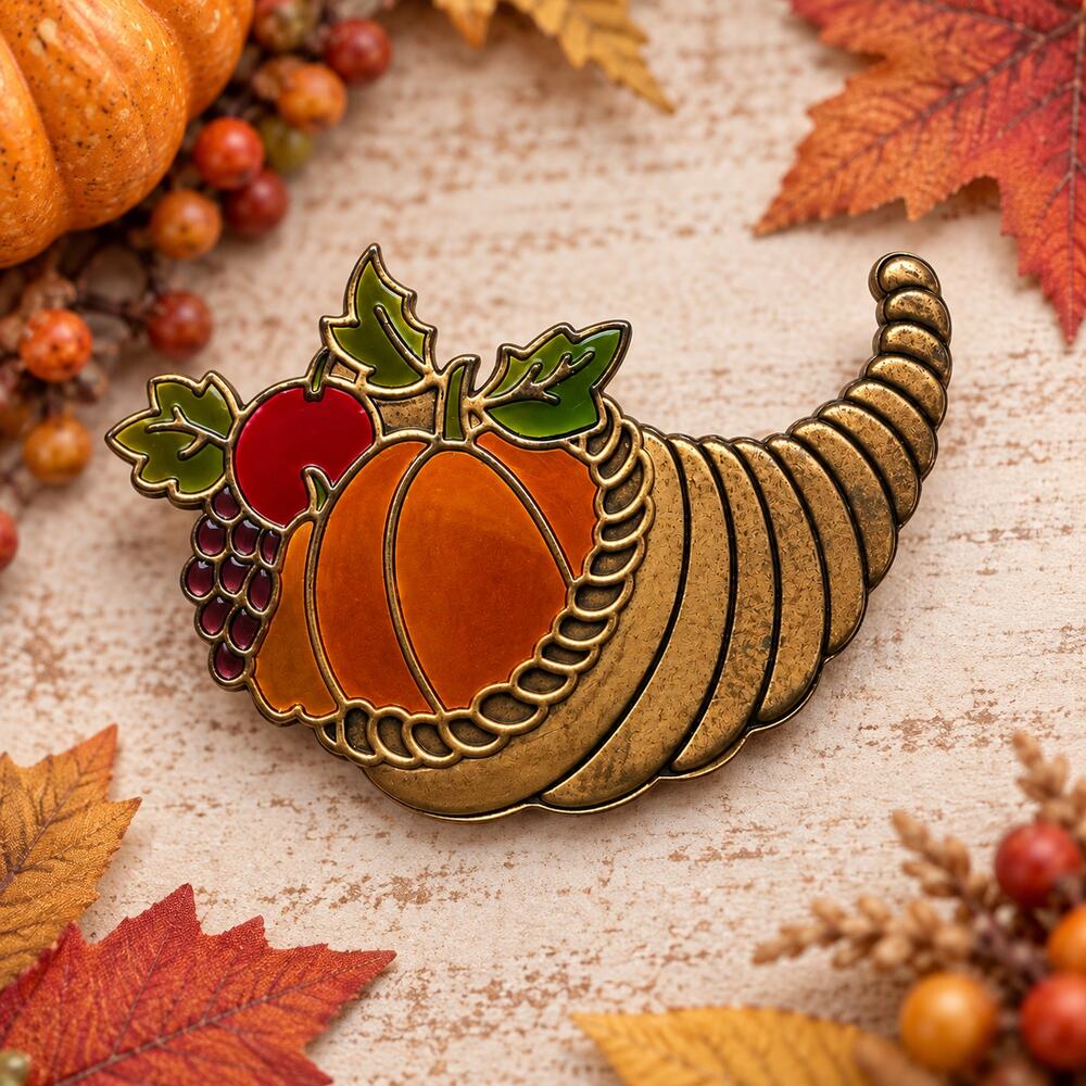 Vintage Cornucopia Brooch Enamel Pumpkin Fruit Thanksgiving Gold Tone Pin CP210